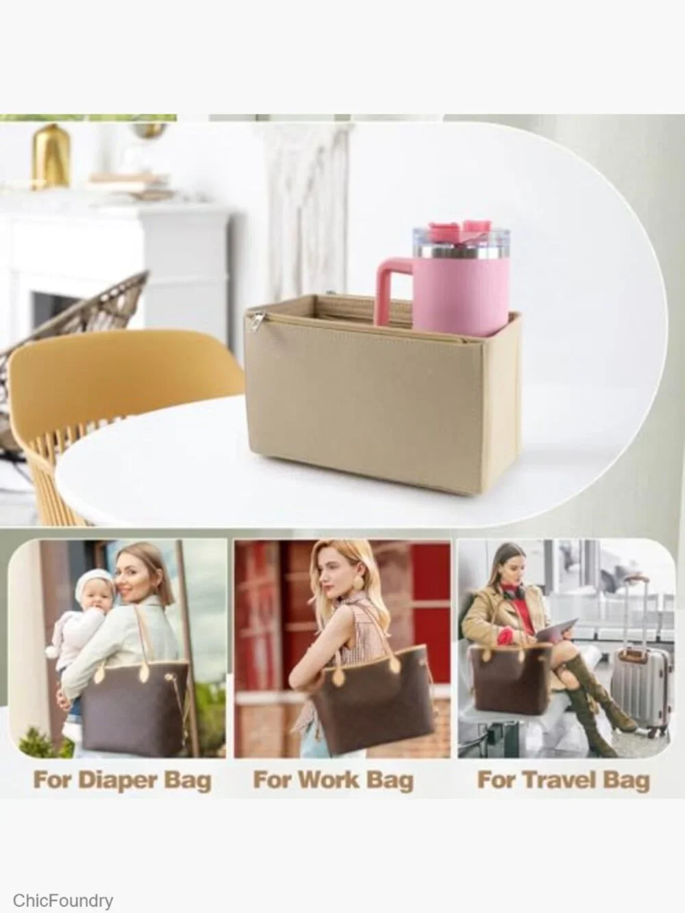 Large Felt Handbag Organizer Insert with Water Bottle Holder for Tote